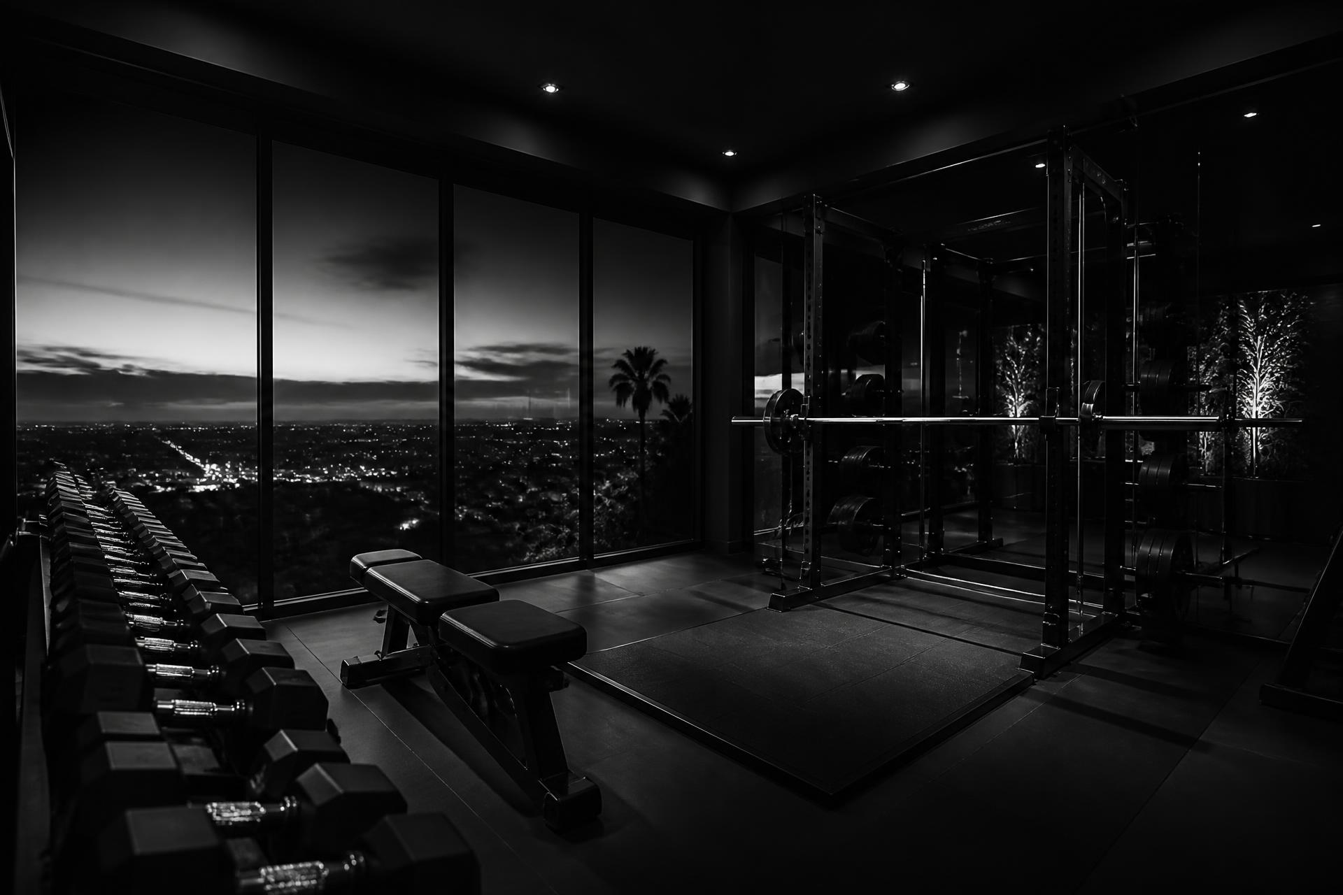 Private home gym at dusk with dumbbell rack and squat rack